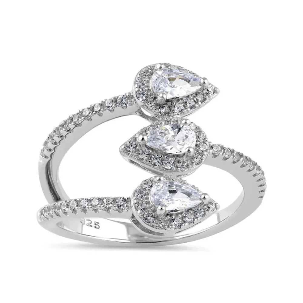 Sterling Silver Triple Pear Halo Wrap CZ Bypass Ring New
